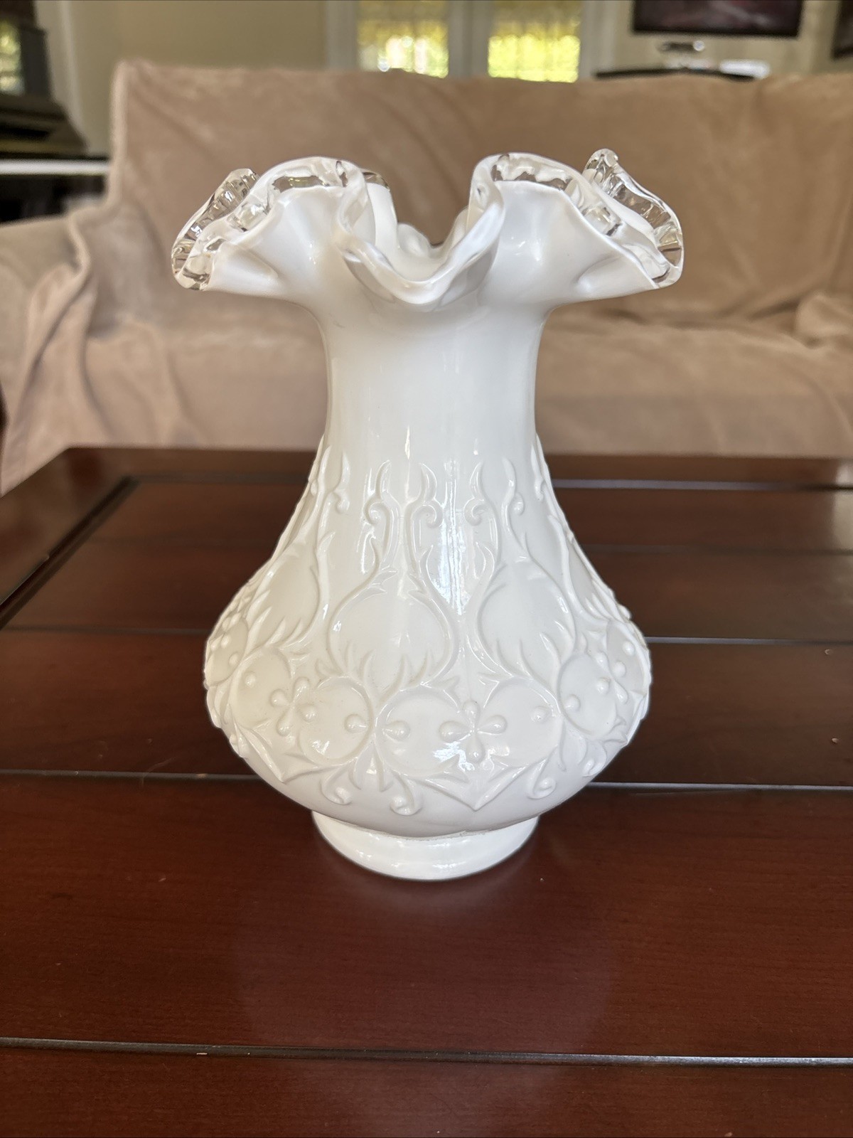 Fenton Spanish Lace Silvercrest Milk Glass Ruffled Edge Vase 8 Fenton Spanish Lace Silvercrest Milk Glass Ruffled Edge Vase 8
