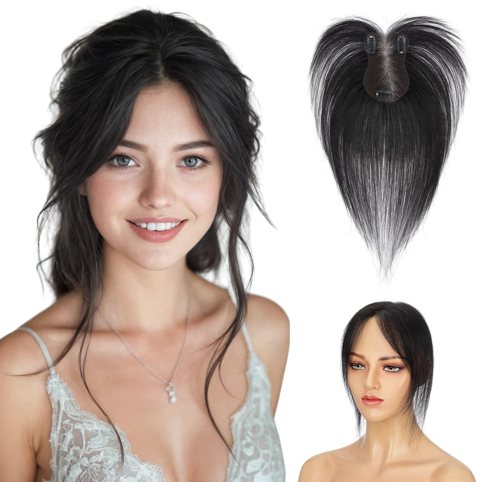 Hairro Human Hair Toppers For Women No Bang Middle Part Side Bangs Hair Clip Wis