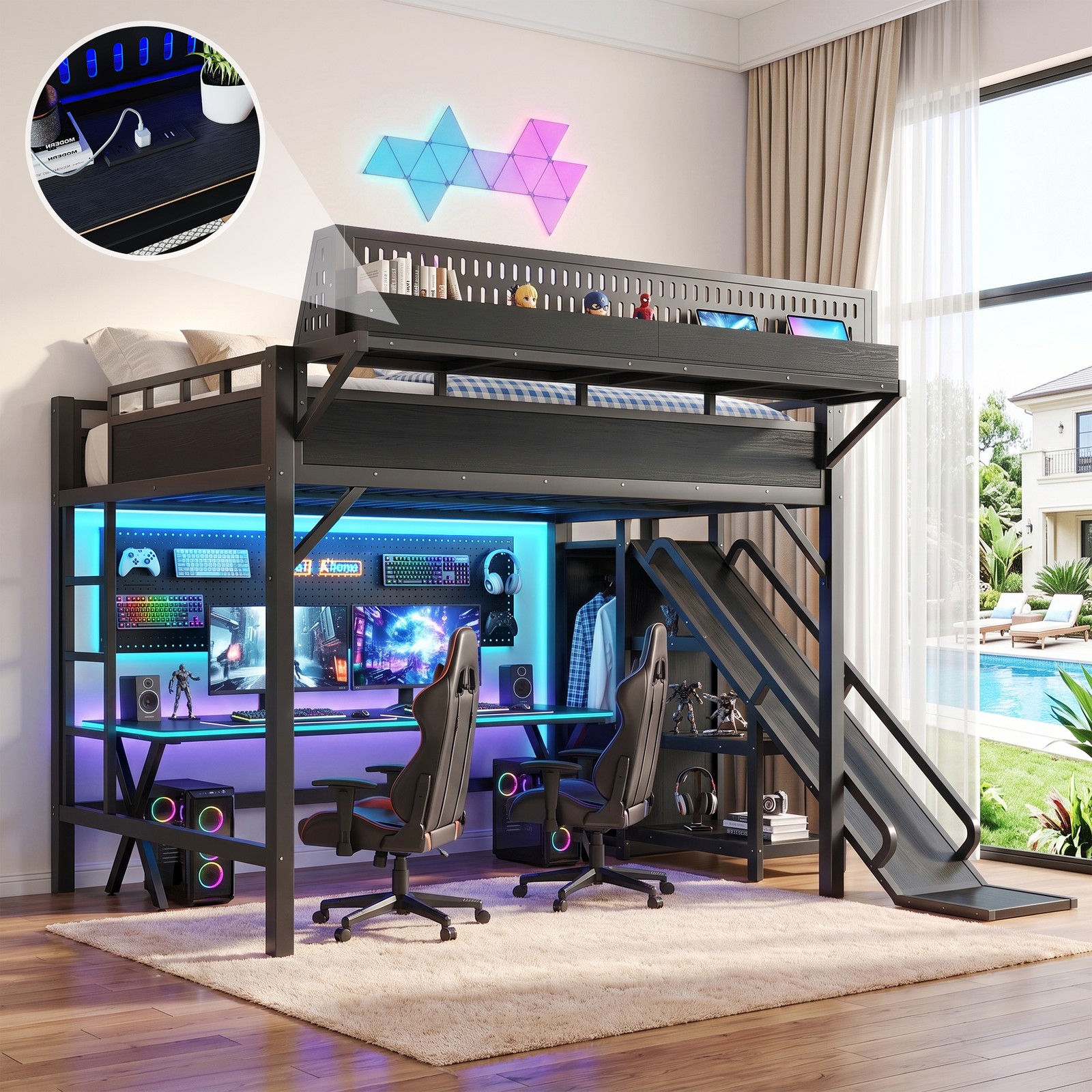 Queen Industrial Metal Loft Bed Black 99\