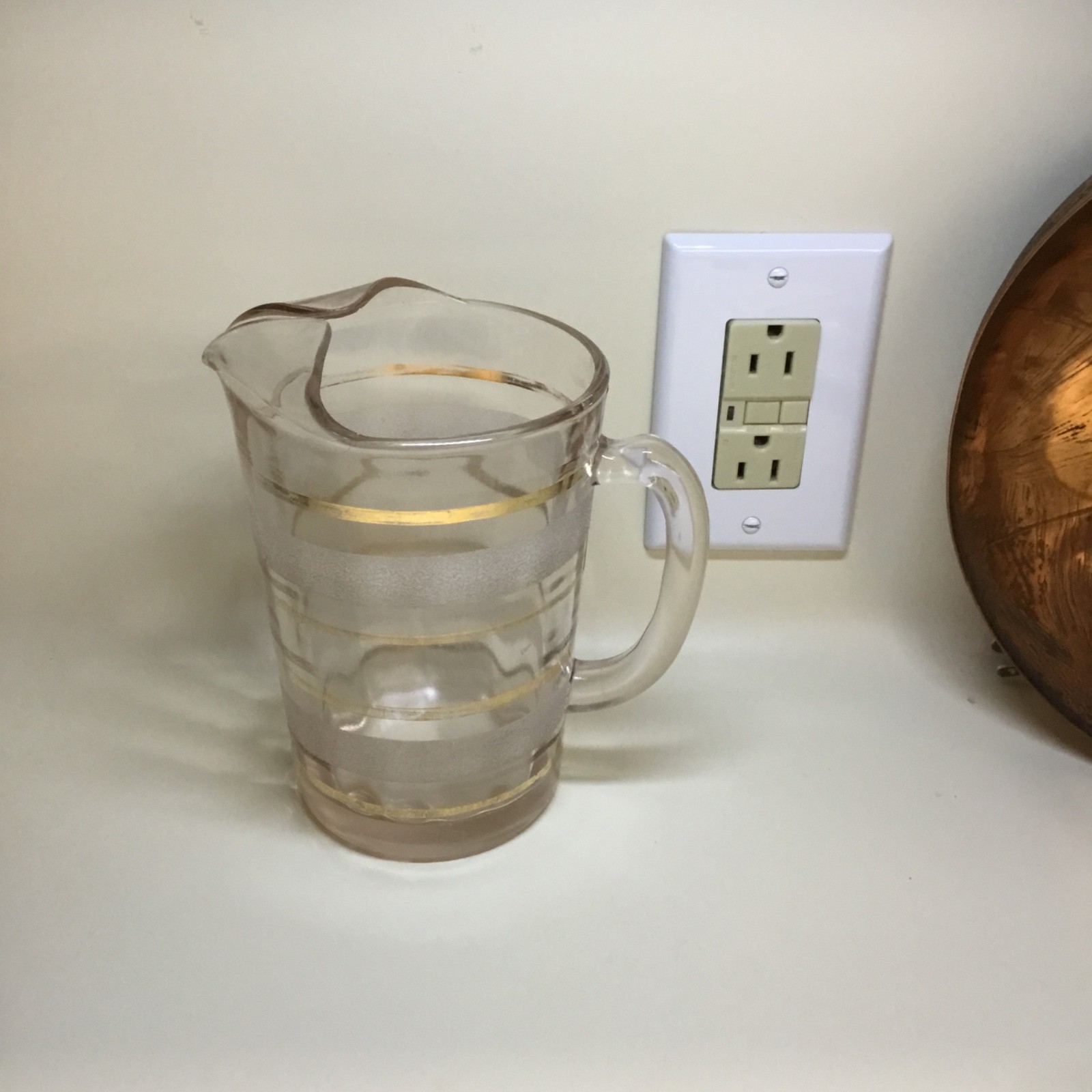 Vintage MCM Frosted Glass Pitcher With Frosted And Gold Bands And Ice Lip 6.5 in