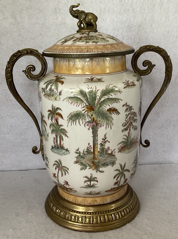 Ethan Allen Large Ginger Jar W/ Handles Asian Porcelain Palm Trees Elephant Ethan Allen Large Ginger Jar W/ Handles Asian Porcelain Palm Trees Elephant