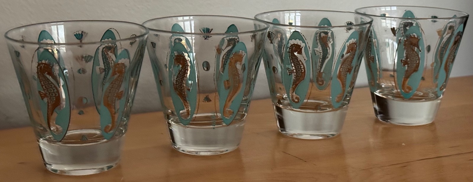Vintage FRED PRESS Seahorse Glasses Mid Century MCM Glassware Gold Turquoise 50s