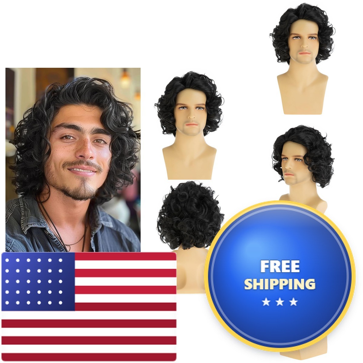 Baruisi Mens Short Curly Black Synthetic Wig Halloween Cosplay Baruisi Mens Short Curly Black Synthetic Wig Halloween Cosplay