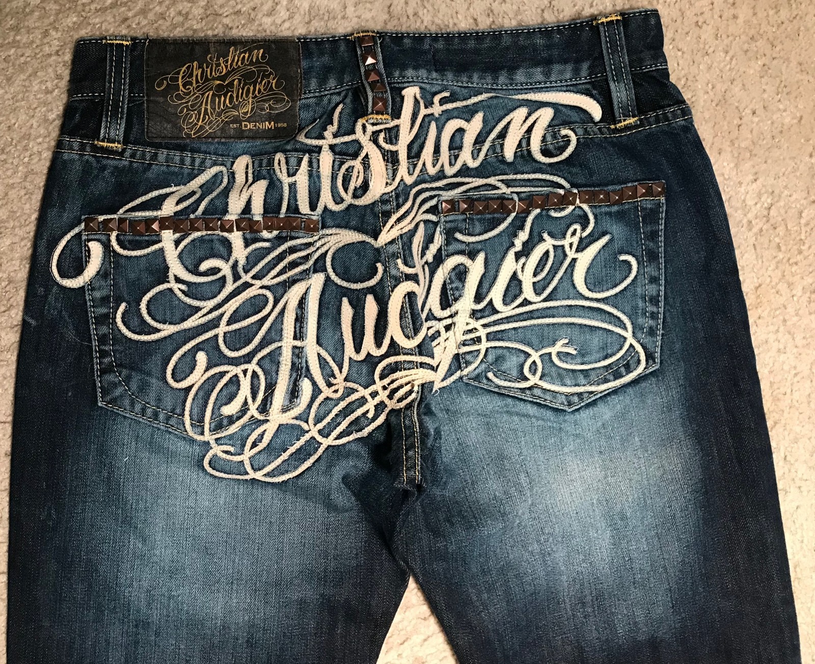 CHRISTIAN AUDIGIER RARE VINTAGE BLUE JEANS LEATHER EMBROIDERED STUDS SZ 30 NWOT