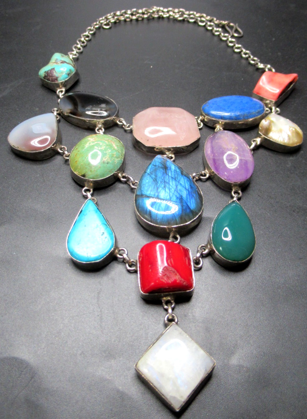 Gorgeous Artisan Made Colorful Genuine Gemstone Bib Necklace