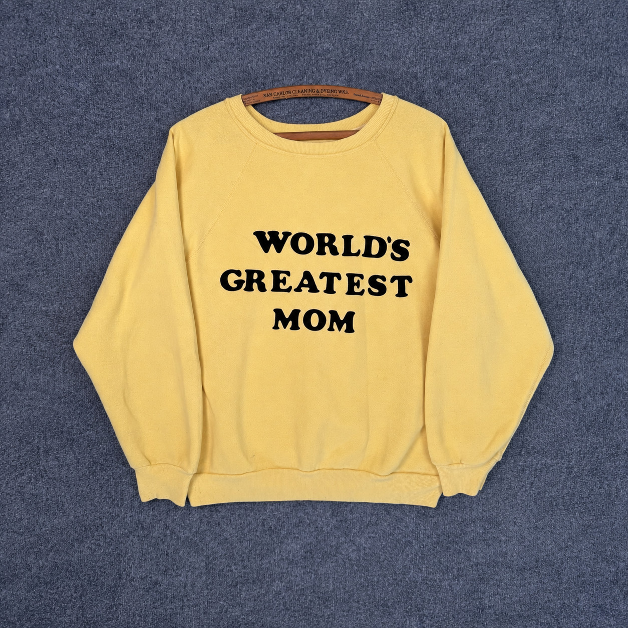 VTG 50s Sweatshirt L Yellow Worlds Greatest Mom Flock Flatlock Spellout USA 60s