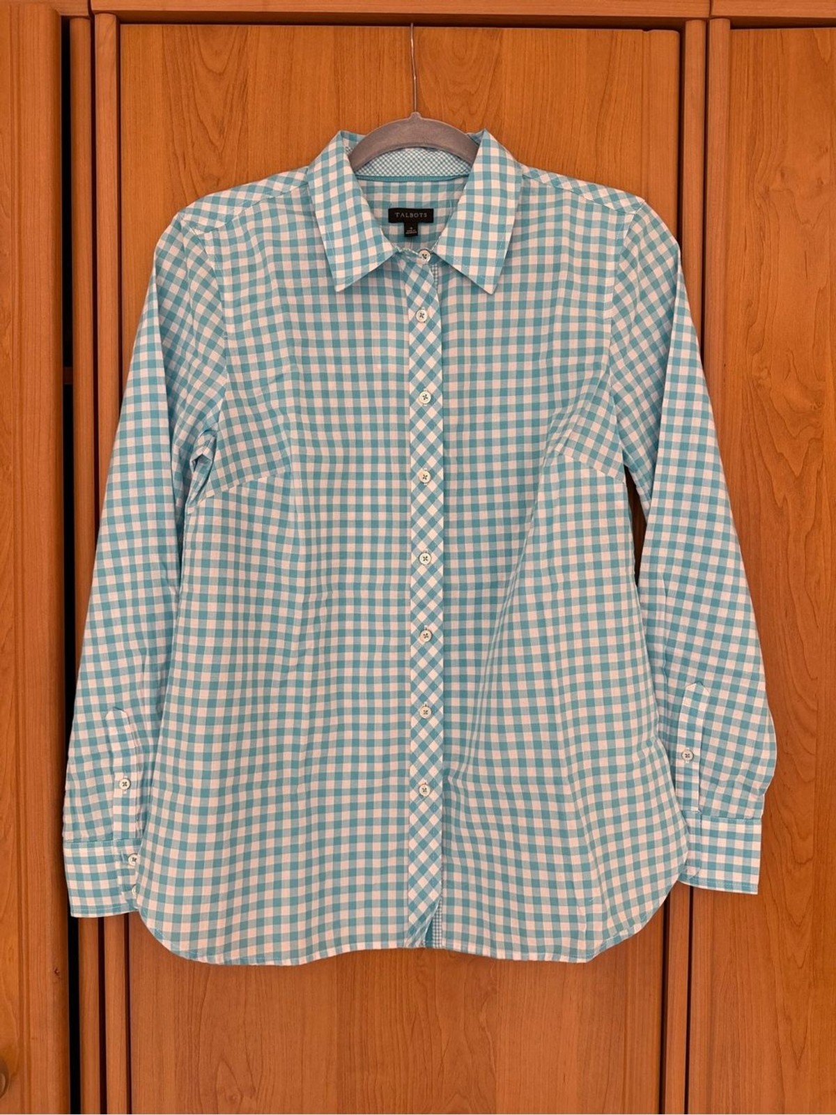 Talbots 100% Cotton Gingham Button-Down Shirt Aqua Blue White Size S NWT