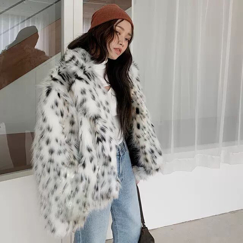 Occident Women Lapel Collar Faux Fox Fur Short Coat Winter Outwear Leopard Print Occident Women Lapel Collar Faux Fox Fur Short Coat Winter Outwear Leopard Print