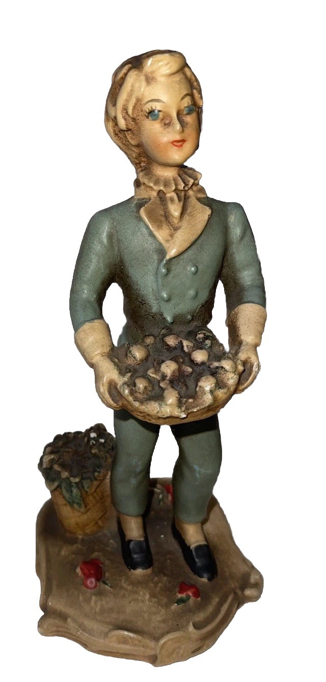 Cute Antique 1940s Figurines New Art Wares Chalkware French Man Holding Basket Cute Antique 1940s Figurines New Art Wares Chalkware French Man Holding Basket