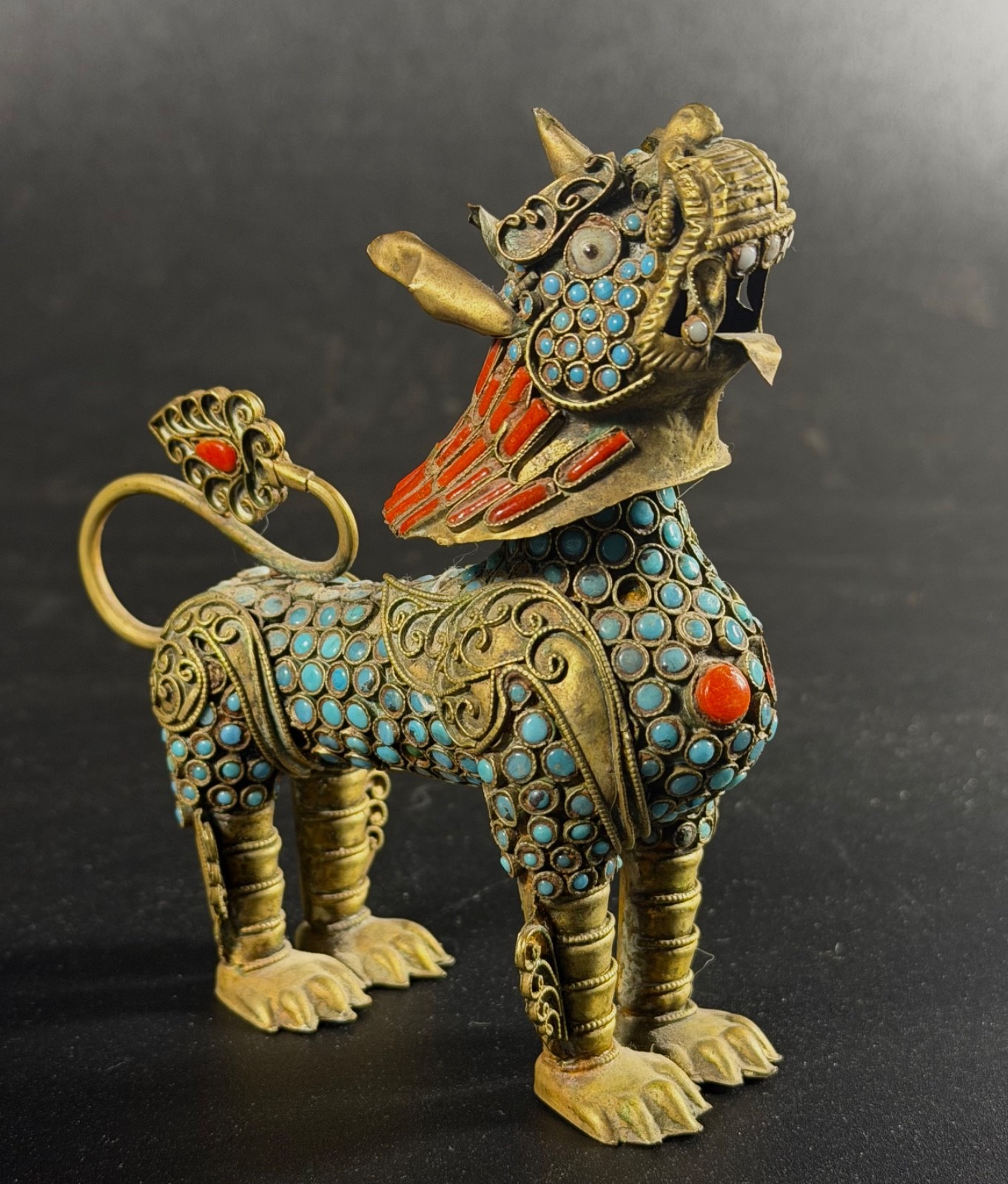 Vintage Tibetan Brass Snow Lion Foo Dog Incense Burner Censer Turquoise Coral
