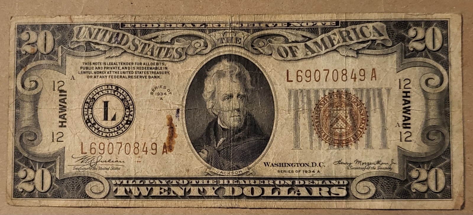 1934A $20 Hawaii Overprint Note WWII Emergency Issue FR 2305 L-A BLOCK SAN FRAN 1934A $20 Hawaii Overprint Note WWII Emergency Issue FR 2305 L-A BLOCK SAN FRAN