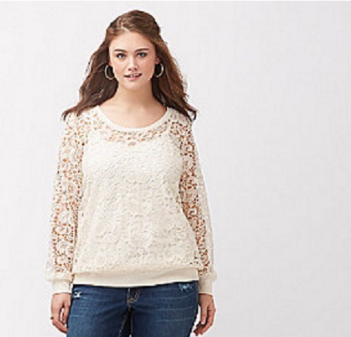 Lane Bryant Ivory Lace Sweatshirt With Rib Trim Top Blouse Plus 22/24 3x NWT