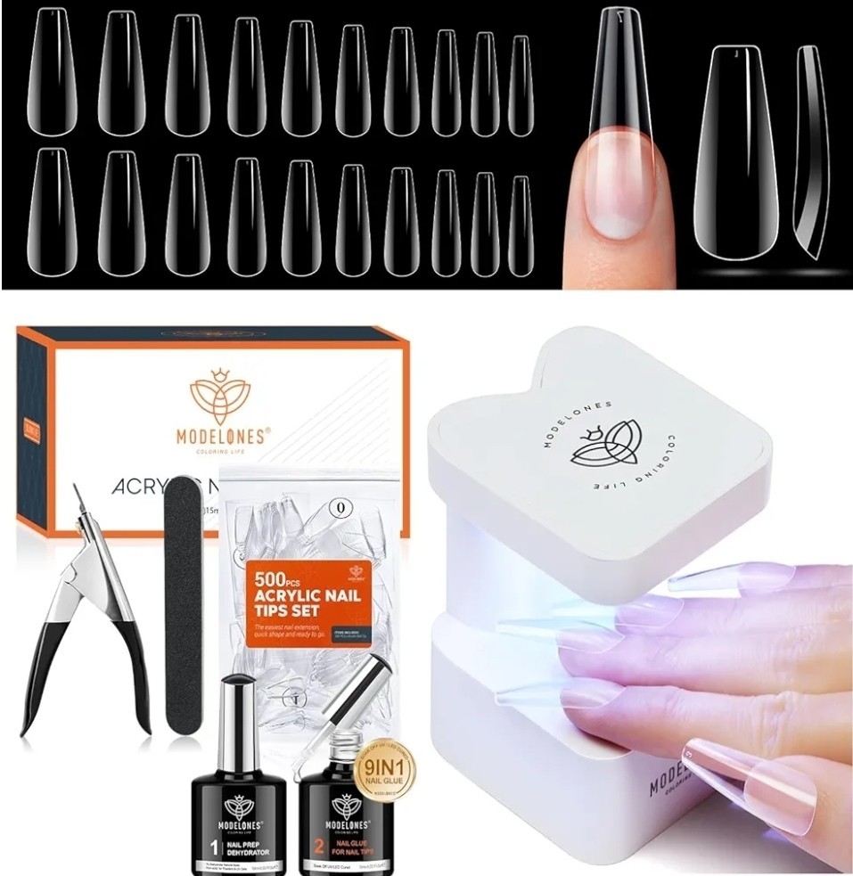 Gel Nail Kit, Nail Tips and Glue Gel Kit with 9-In-1 Glue, 500Pcs Long Coffin 