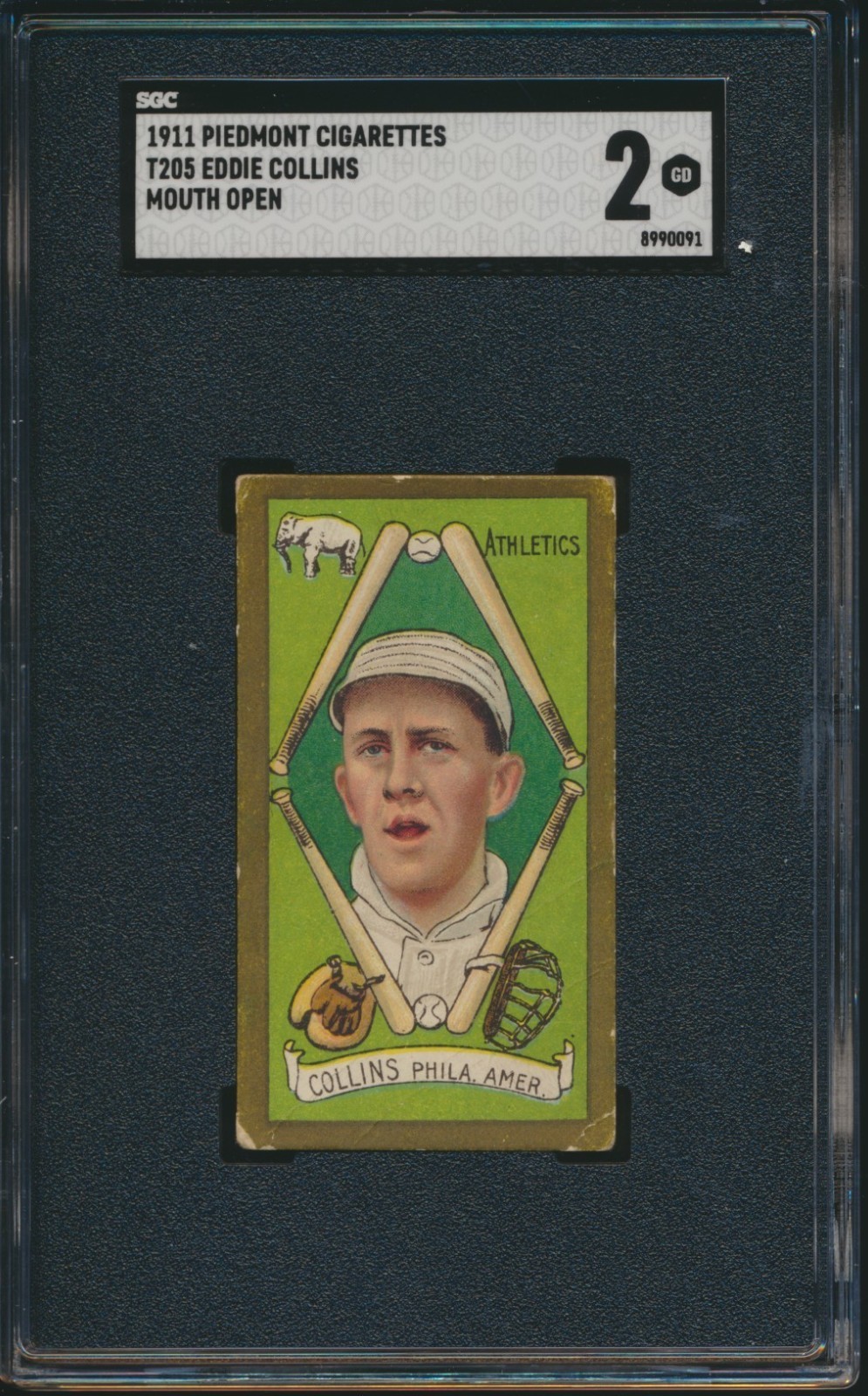 1911 T205 PIEDMONT GOLD BORDER EDDIE COLLINS MOUTH OPEN SP SGC 2 GOOD HOF