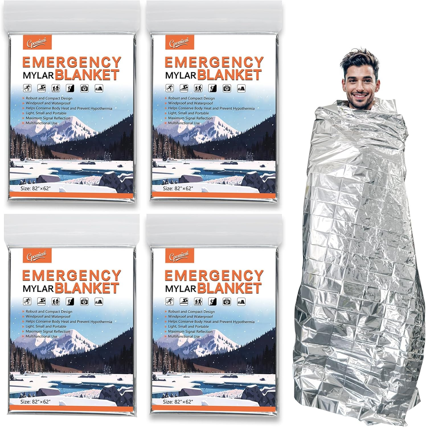 4 Pack -Large 82” X 62” Survival Emergency Mylar Thermal Blankets, Thermal Survi 4 Pack -Large 82” X 62” Survival Emergency Mylar Thermal Blankets, Thermal Survi