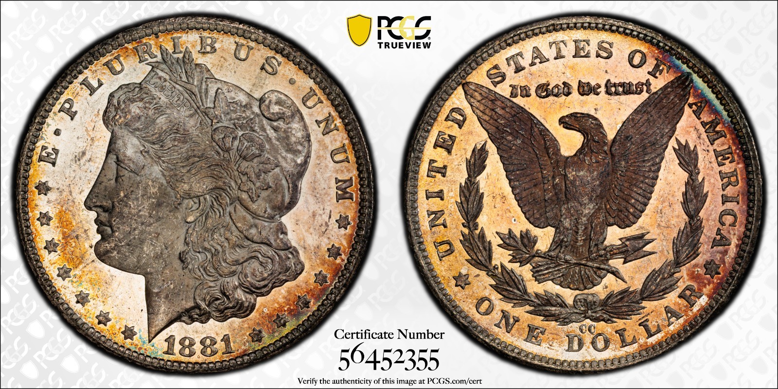 1881 CC $1 Morgan Dollar PCGS MS63 PL-Proof Like Gold Shield Monster Toned Coin