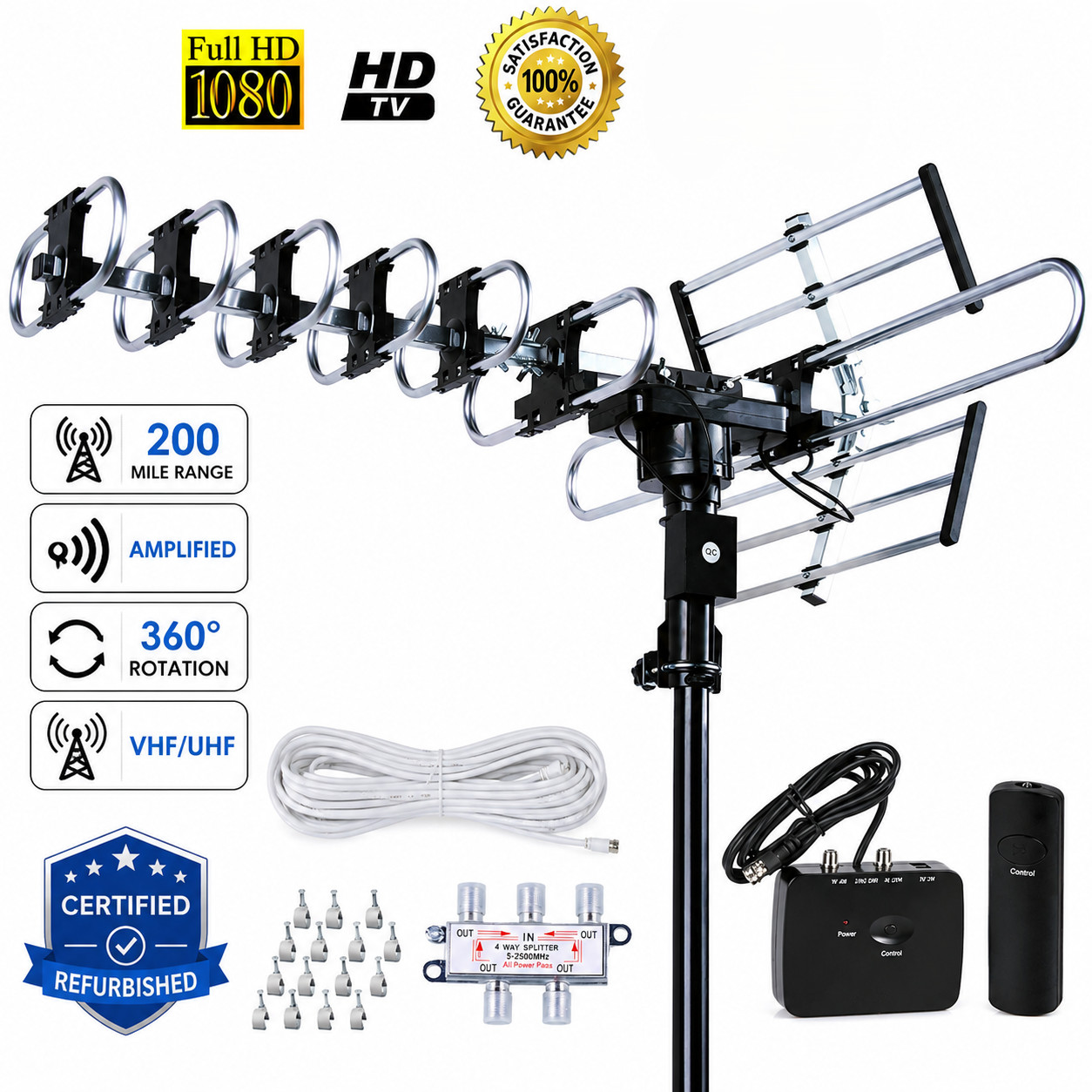 Five Star Outdoor TV Antenna 200 Mile Range 360 Rotation Amplified For 5 TVs
