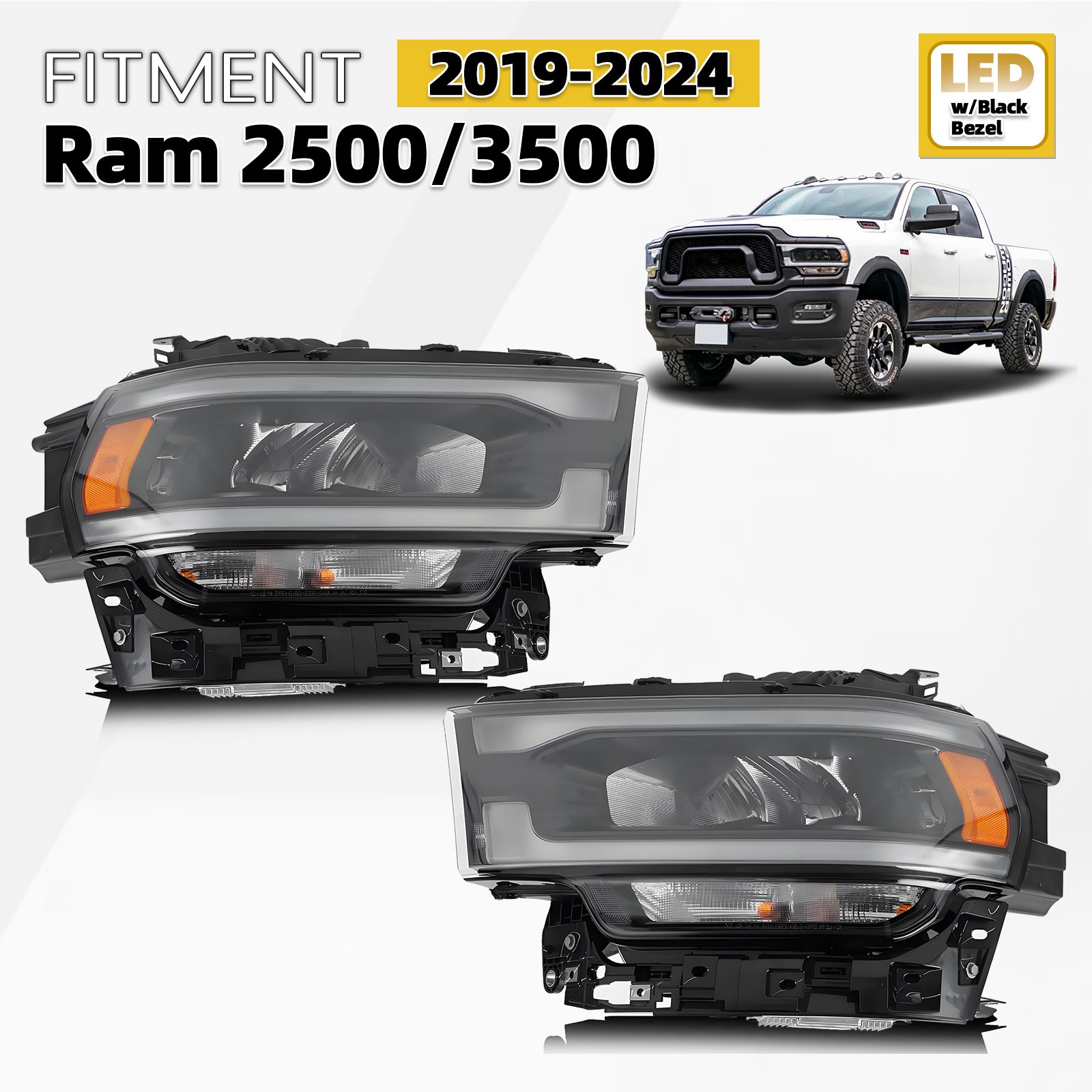 For 2019-2024 Ram 2500/3500 LED Headlight w/ Bulb Black Bezel Right+Left Pair For 2019-2024 Ram 2500/3500 LED Headlight w/ Bulb Black Bezel Right+Left Pair