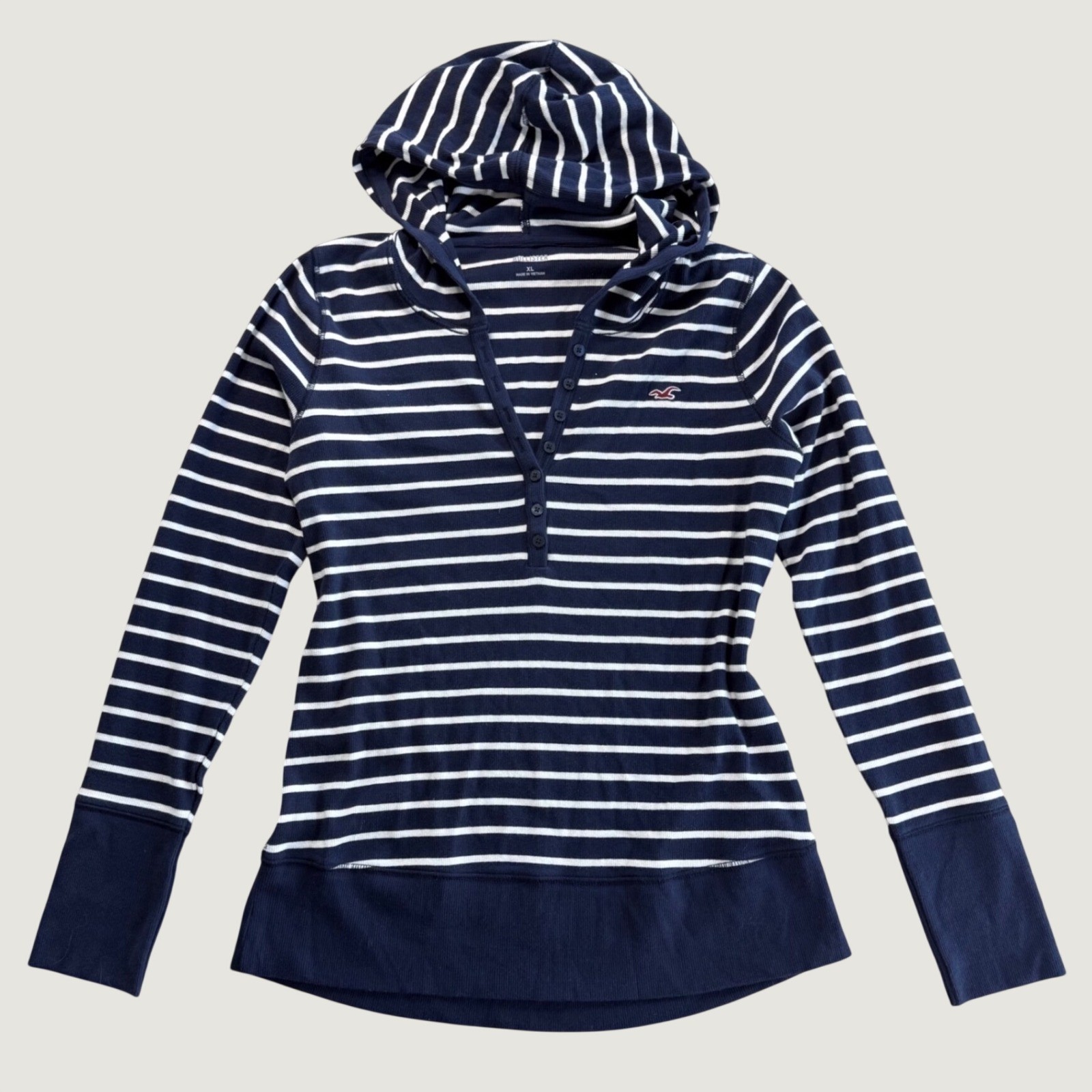 Hollister Hoodie Women XL Navy Blue Preppy Striped Ribbed Henley Long Sleeve Hollister Hoodie Women XL Navy Blue Preppy Striped Ribbed Henley Long Sleeve