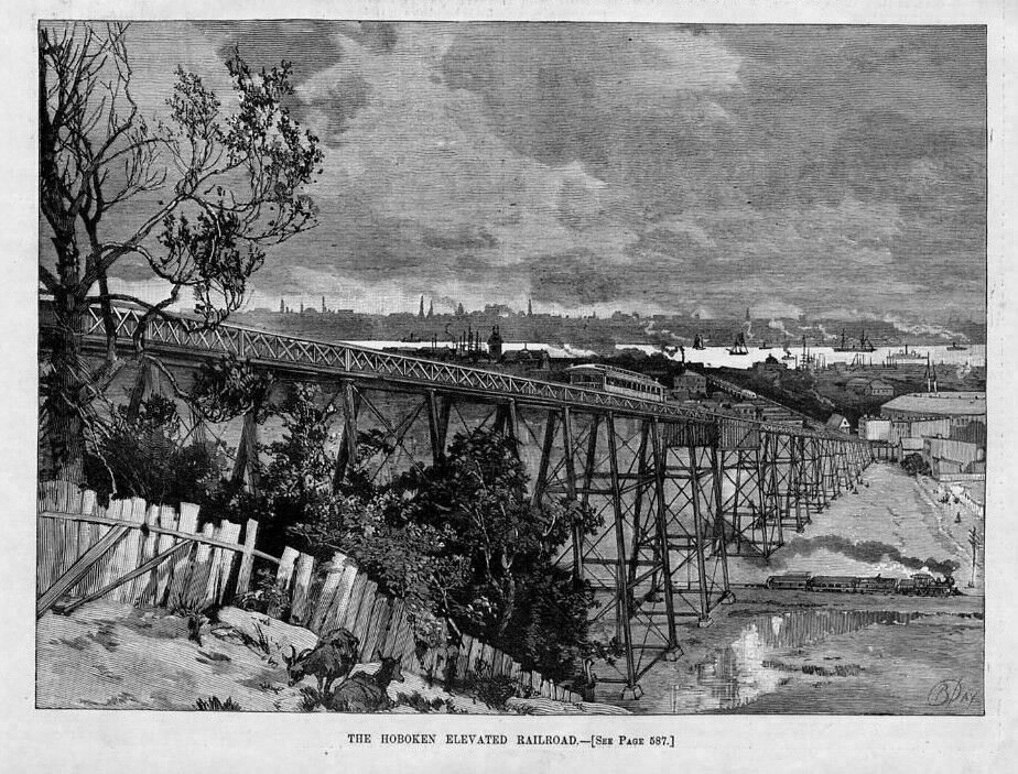 HOBOKEN ELEVATED 1885 RAILROAD, PALISADES, HUDSON RIVER