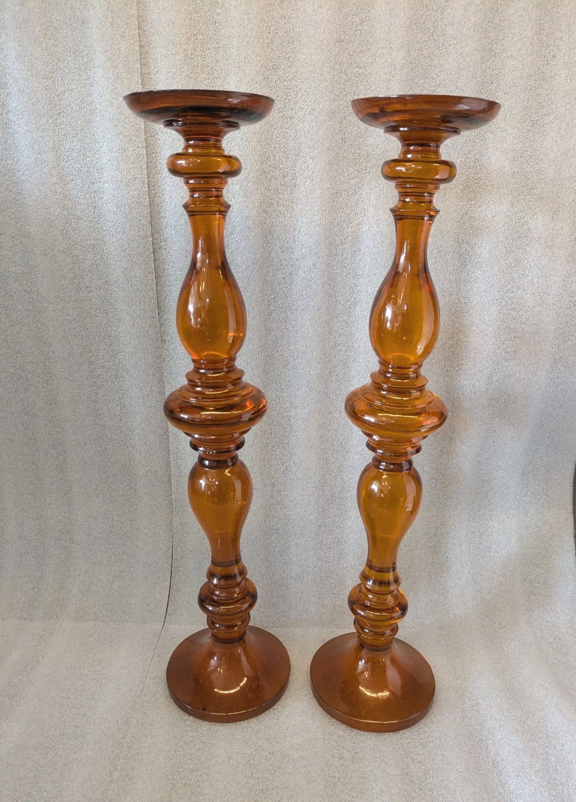 Pair Vintage Amber Pillar Candle Holders Tall Pedestal Candlesticks 26\ Pair Vintage Amber Pillar Candle Holders Tall Pedestal Candlesticks 26\