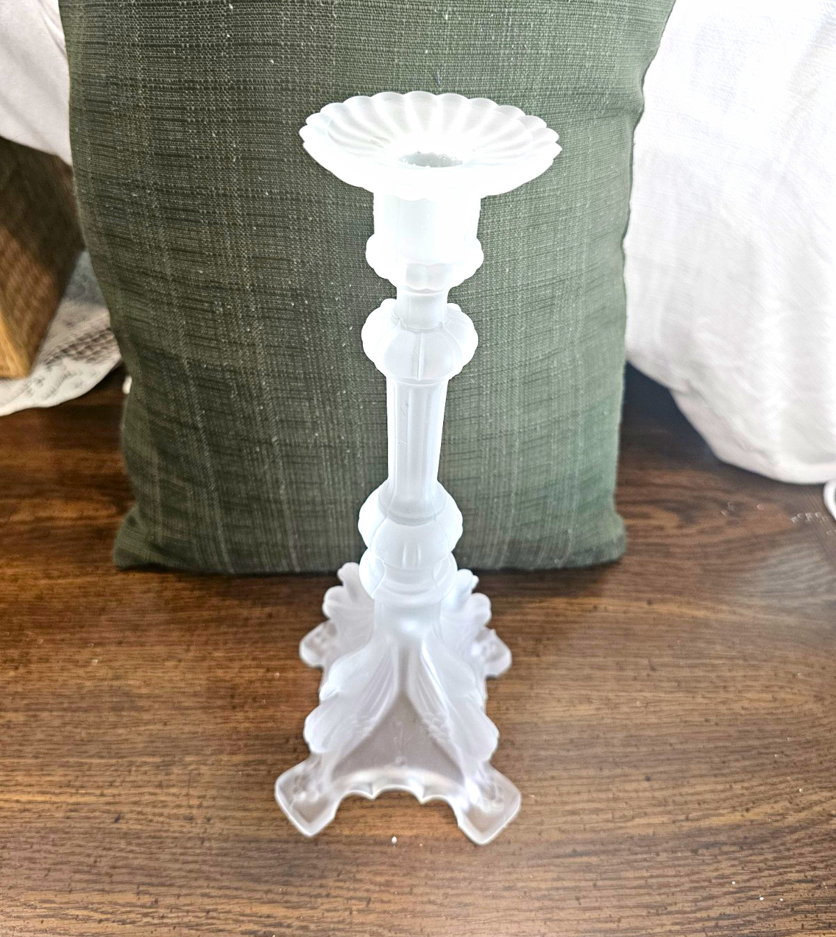 Antique Val Saint Lambert Frosted Crystal Candlestick 11” Belgian Glass