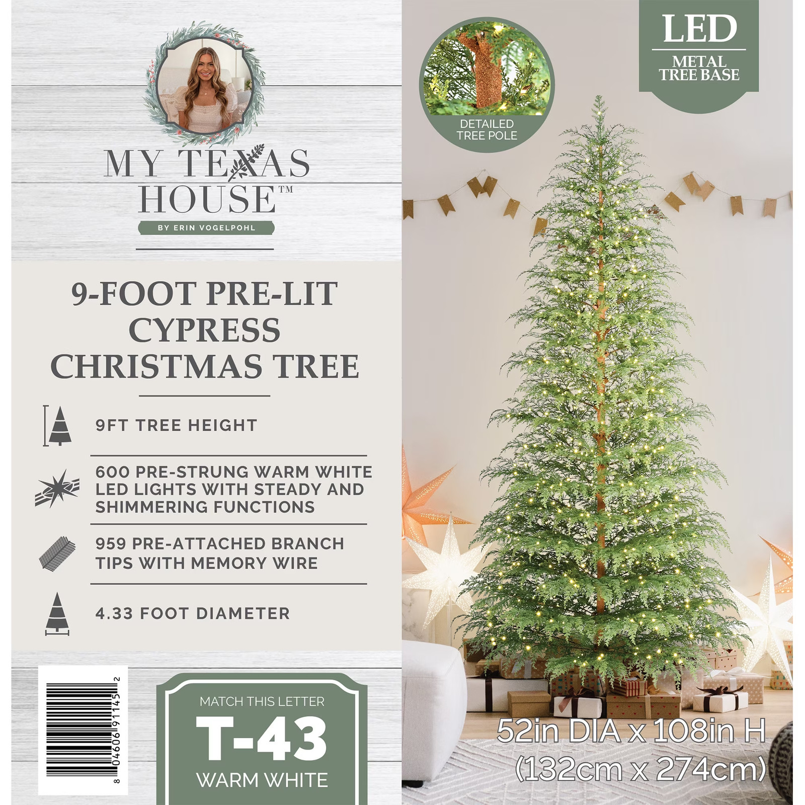 My Texas House 9 Ft Cypress Pre-Lit Artificial Christmas Tree ( 600 Warm LEDs )