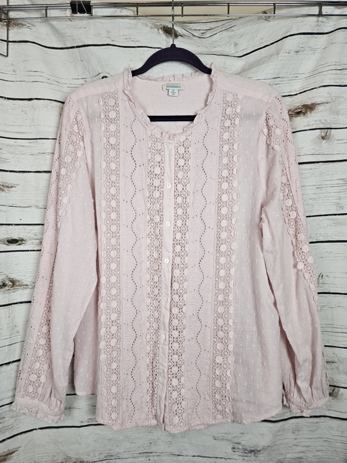 Sundance Light Pink Crochet Lace Top XL Boho Cottagecore Long Sleeves Cotton Sundance Light Pink Crochet Lace Top XL Boho Cottagecore Long Sleeves Cotton