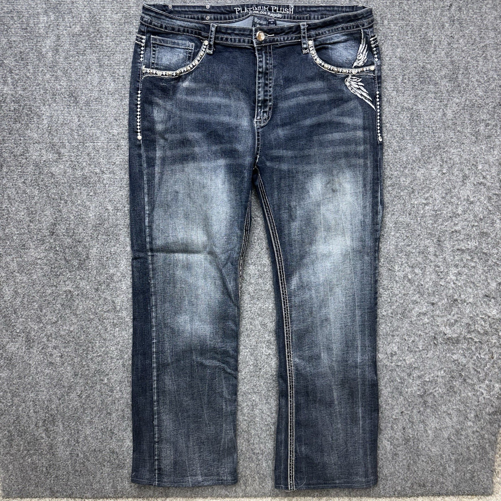 Platinum Plush Denim Bootcut Stretch Jeans Skull Wings Size 23 38x31 HEMMED