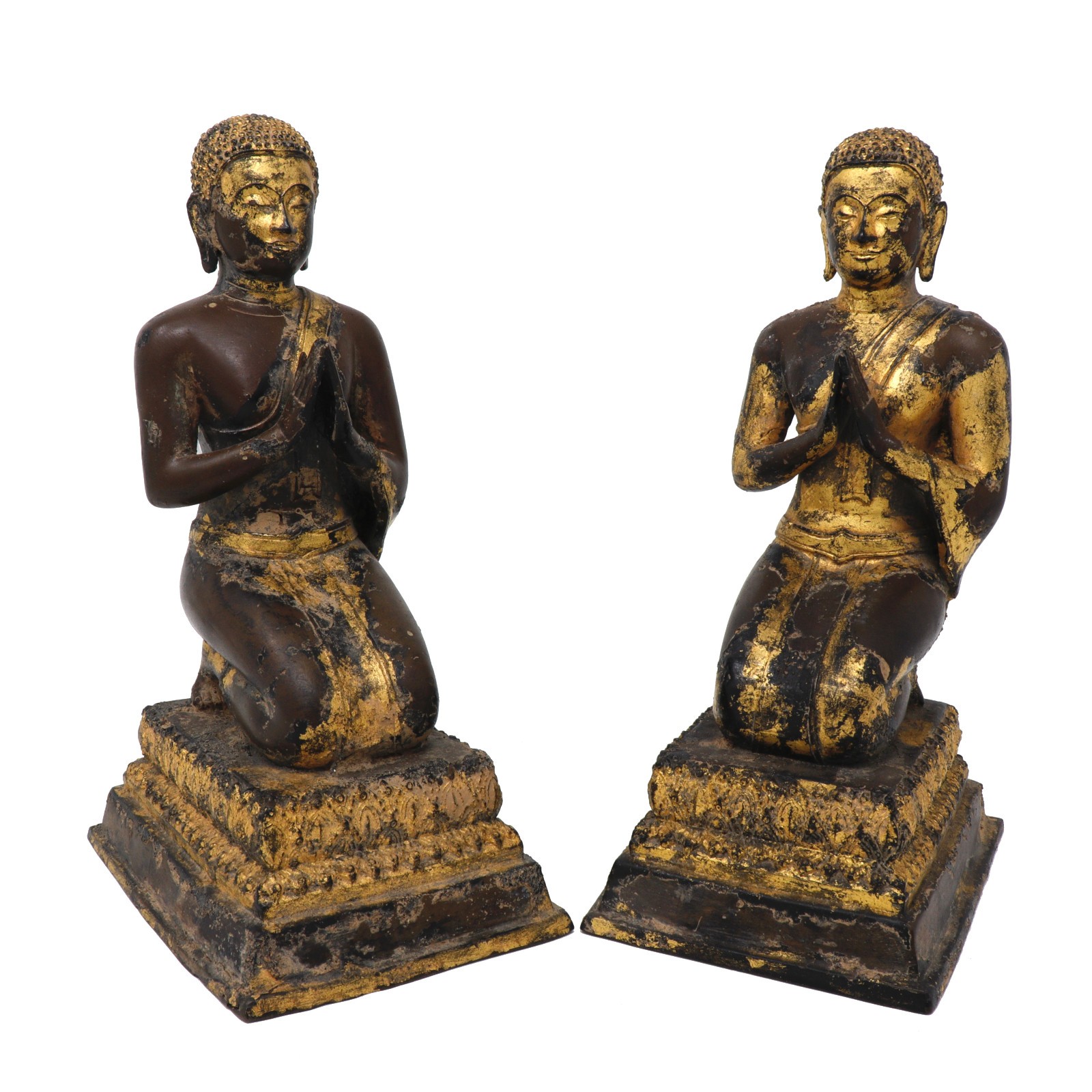 A Small Pair of Antique Thai Gilt Bronze Figures of Kneeling Buddhist Monks