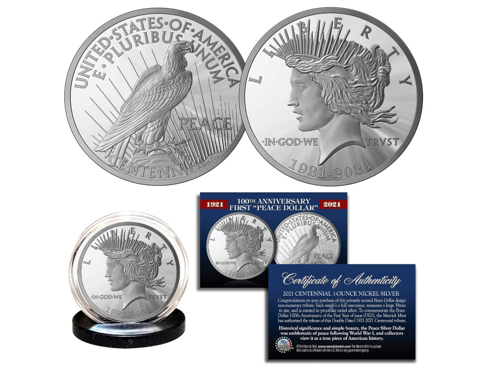 1921-2021 Peace Dollar 1oz 39mm Tribute Coin Medallion Nickel Silver with COA 1921-2021 Peace Dollar 1oz 39mm Tribute Coin Medallion Nickel Silver with COA