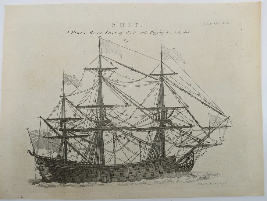 ANTIQUE 18TH C. COPPER PLATE ENGRAVING FIRST RATE SHIP OF WAR W/ RIGGING &