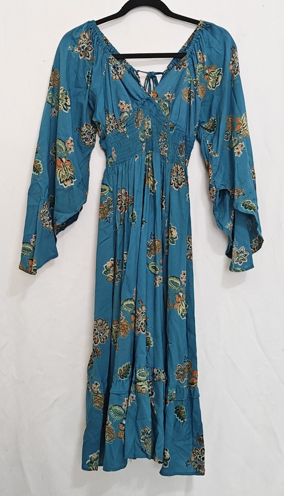 Angie Women\'s Dress Size Medium Teal Blue Floral Smoked Waist Bell Sleeve ~ Used Angie Women\'s Dress Size Medium Teal Blue Floral Smoked Waist Bell Sleeve ~ Used