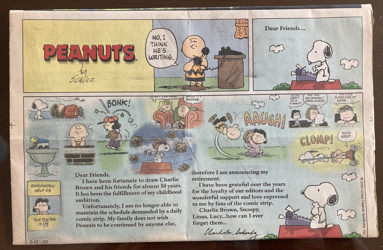 Last Peanuts Comic Strip Charles Schultz Goodbye 2/ 13/2000 LA Times Section Last Peanuts Comic Strip Charles Schultz Goodbye 2/ 13/2000 LA Times Section