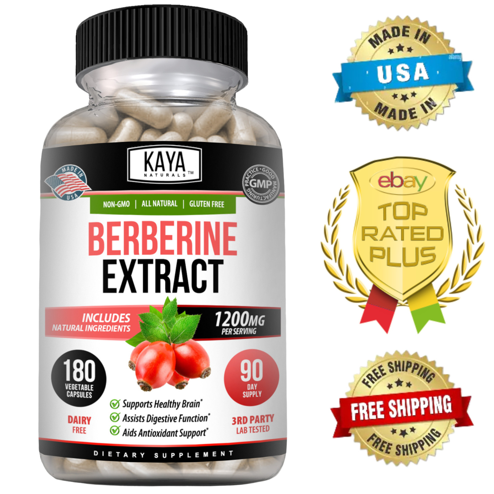 Premium Berberine HCI Extract 180ct 1200mg High Absorption Immune Health Support