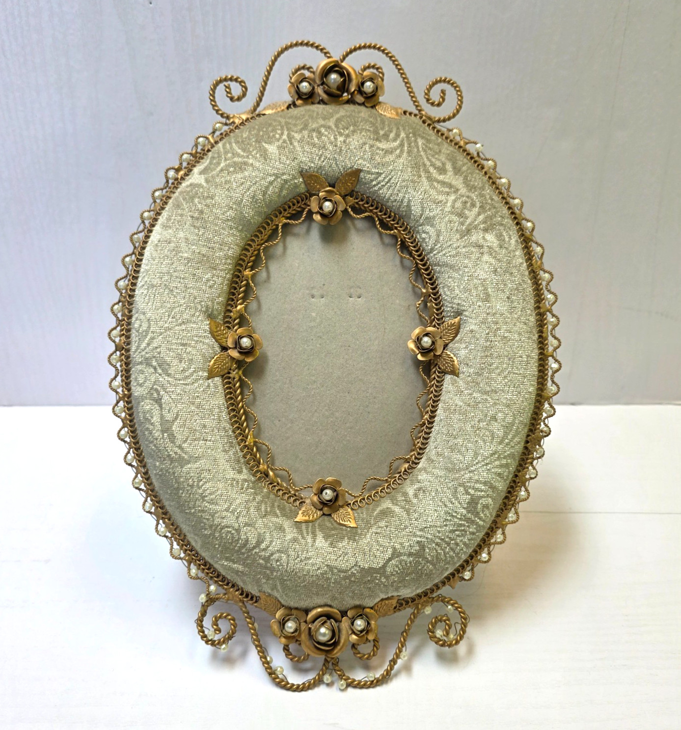 Antique French Ormolu Filigree Picture Frame Oval Brass Mesh Sage Velvet 8x12\