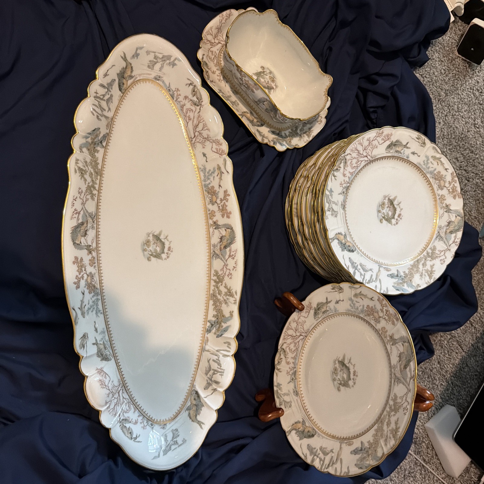 Antique Haviland Limoges CFH GDM 14pc Fish Service Platter Plates Gravy Boat