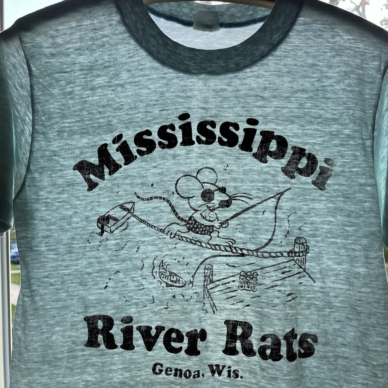 Vintage Paper Thin T Shirt Mens Small Blue Mississipi River Rats Fish 70s 80s