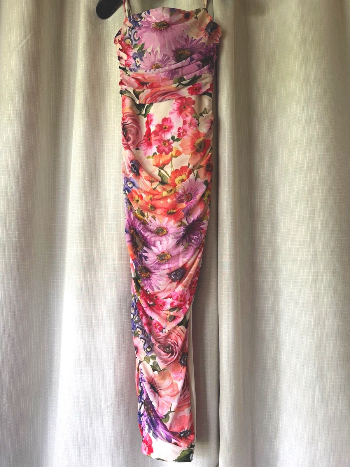 Express XS Floral Mesh Ruched Sweetheart Spaghetti Strap Lined Maxi Dress