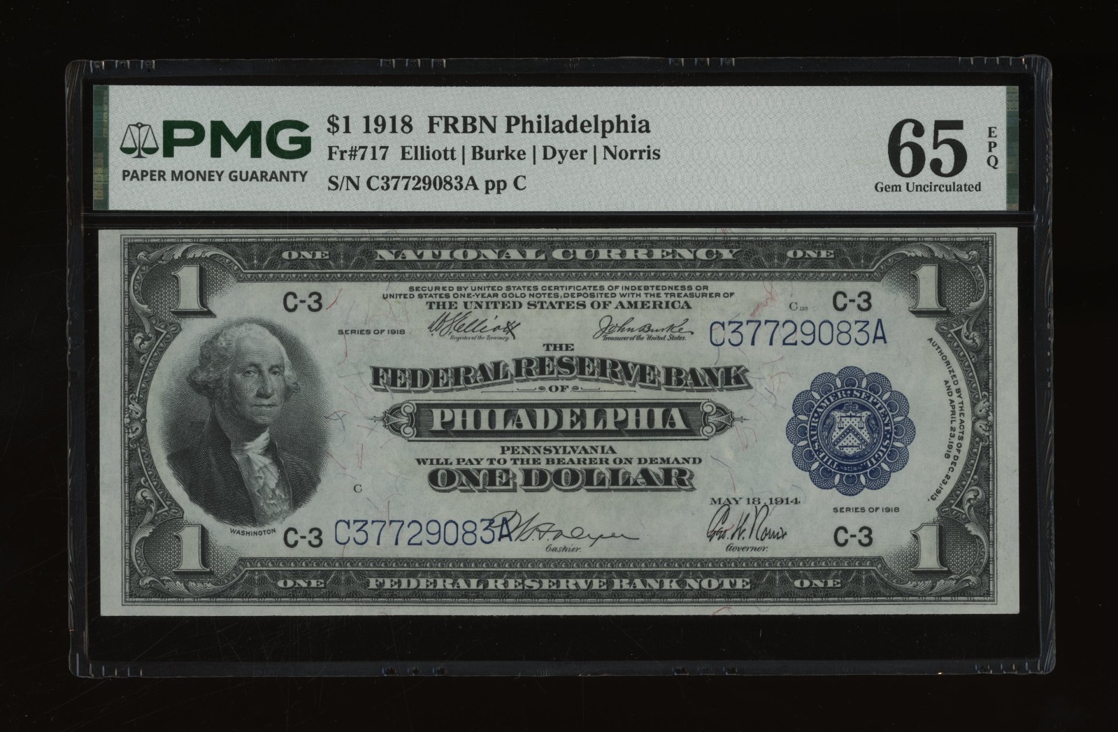 DBR 1918 $1 FRBN Philadelphia Gem Fr. 717 PMG 65 EPQ Serial C37729083A