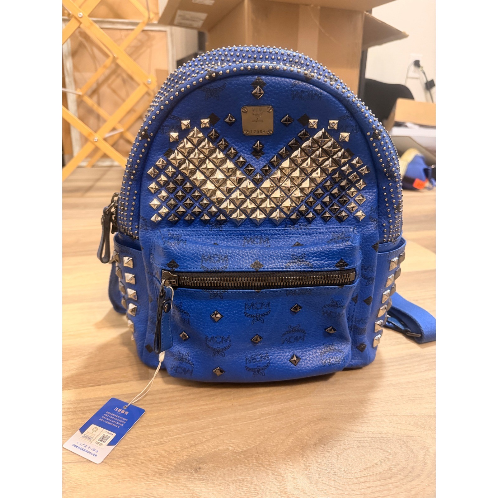 MCM Stark Bebe Boo Backpack Blue Visetos Studded Small Bag T2584 MCM Stark Bebe Boo Backpack Blue Visetos Studded Small Bag T2584