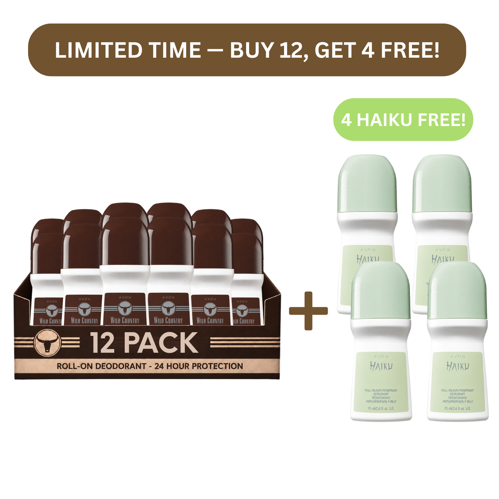 Avon Wild Country Roll-On Antiperspirant Deodorant 2.6oz (12 Pack) +4 FREE Haiku