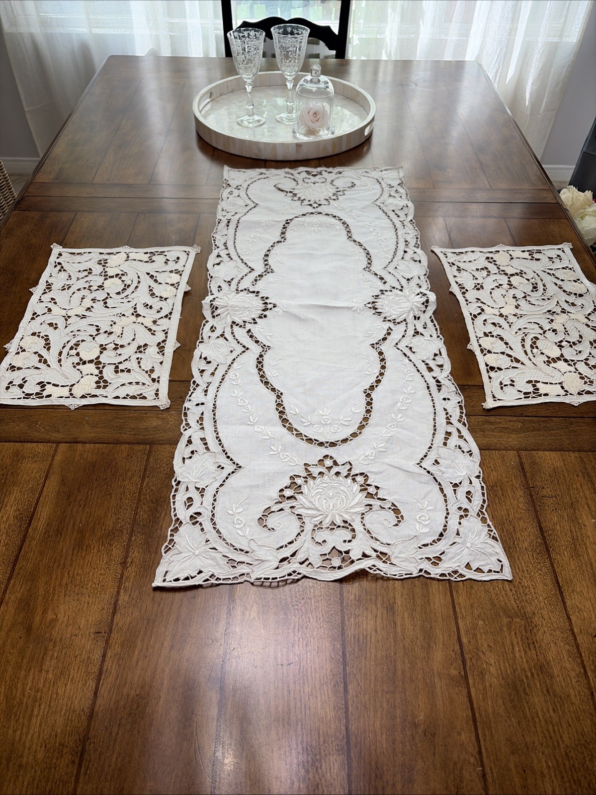 Vtg, Hand embroidered in Madeira With Cutwork Doilies, Table runner Set Of 3 Vtg, Hand embroidered in Madeira With Cutwork Doilies, Table runner Set Of 3