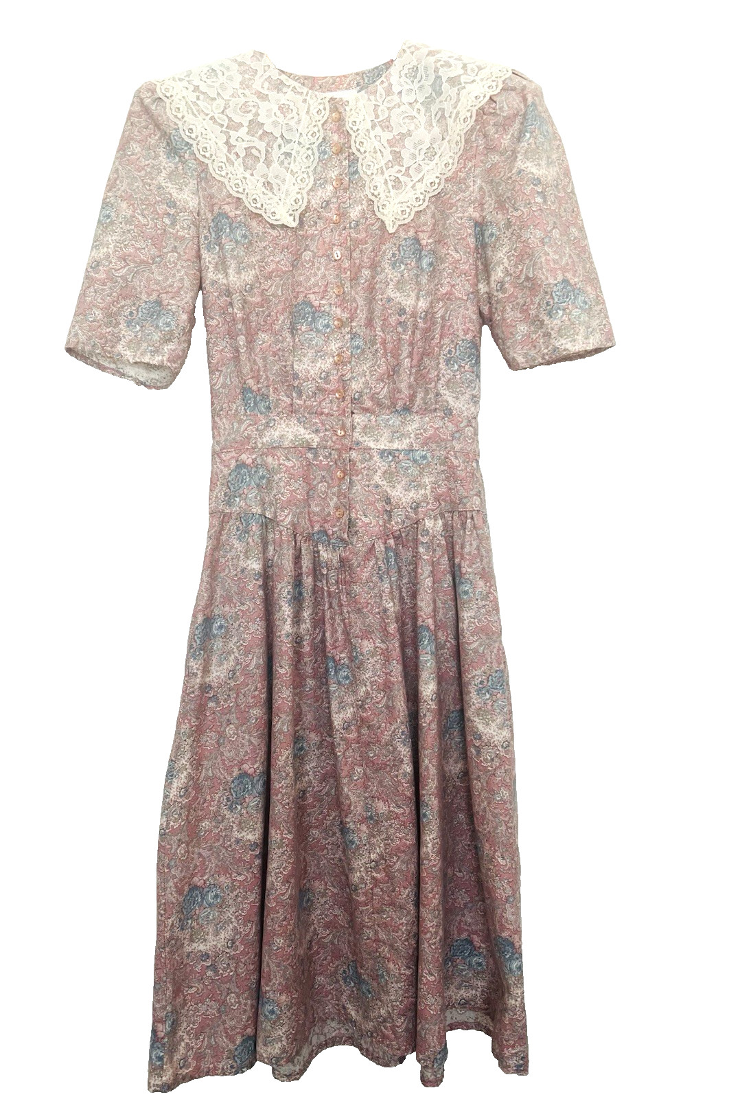 Betsy’s Things Dress Vintage Pink Floral White Lace Scalloped Collar Cottagecore