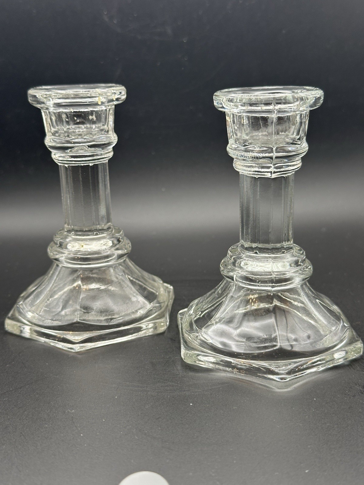 F.T.D.A. Clear Glass Candlestick Holders Ribbed Stem Hexagonal Base Taper 4\ F.T.D.A. Clear Glass Candlestick Holders Ribbed Stem Hexagonal Base Taper 4\