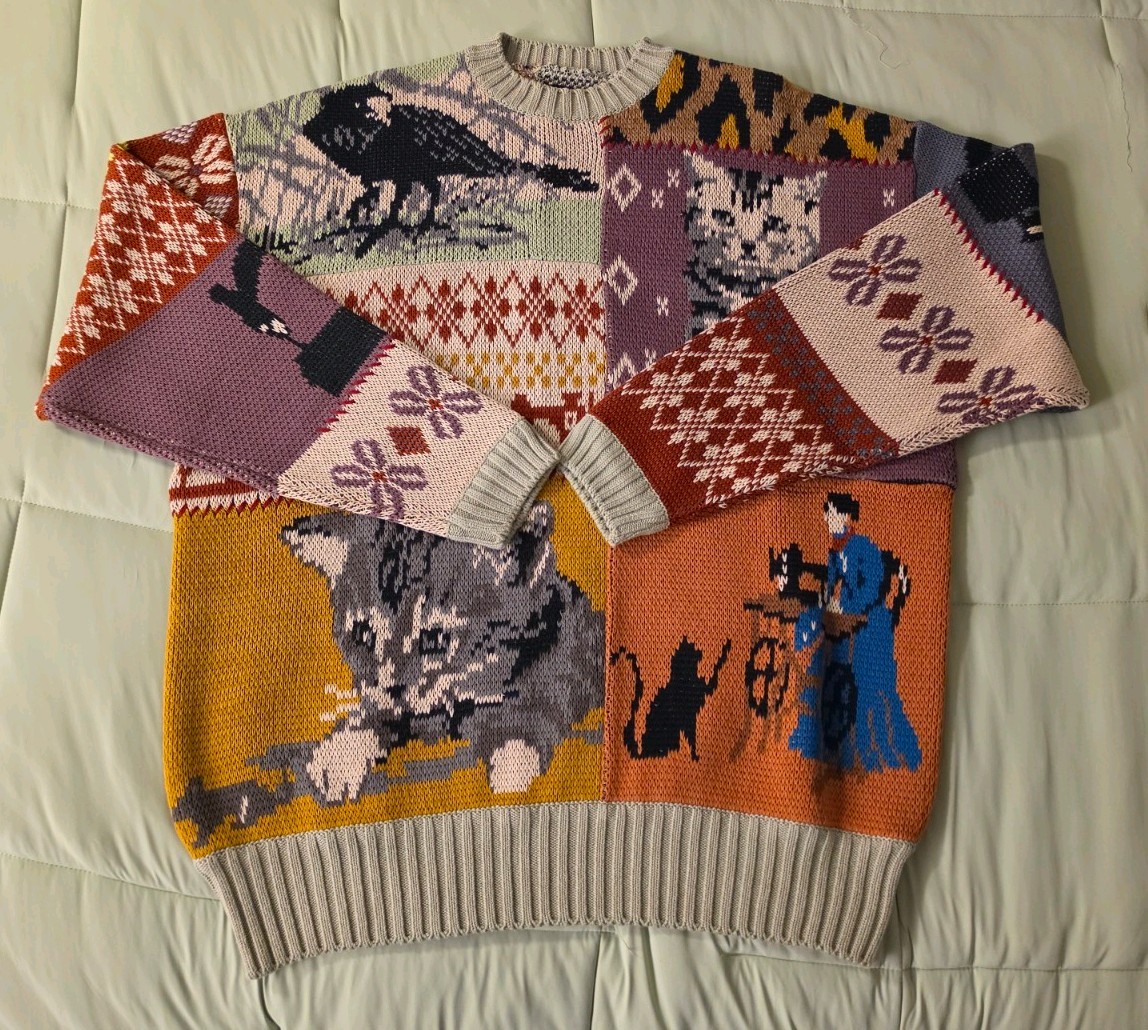Kapital 5G Cotton Knit Patchwork Big Crew Sweater (Cat & Crow) Size 5/XXL