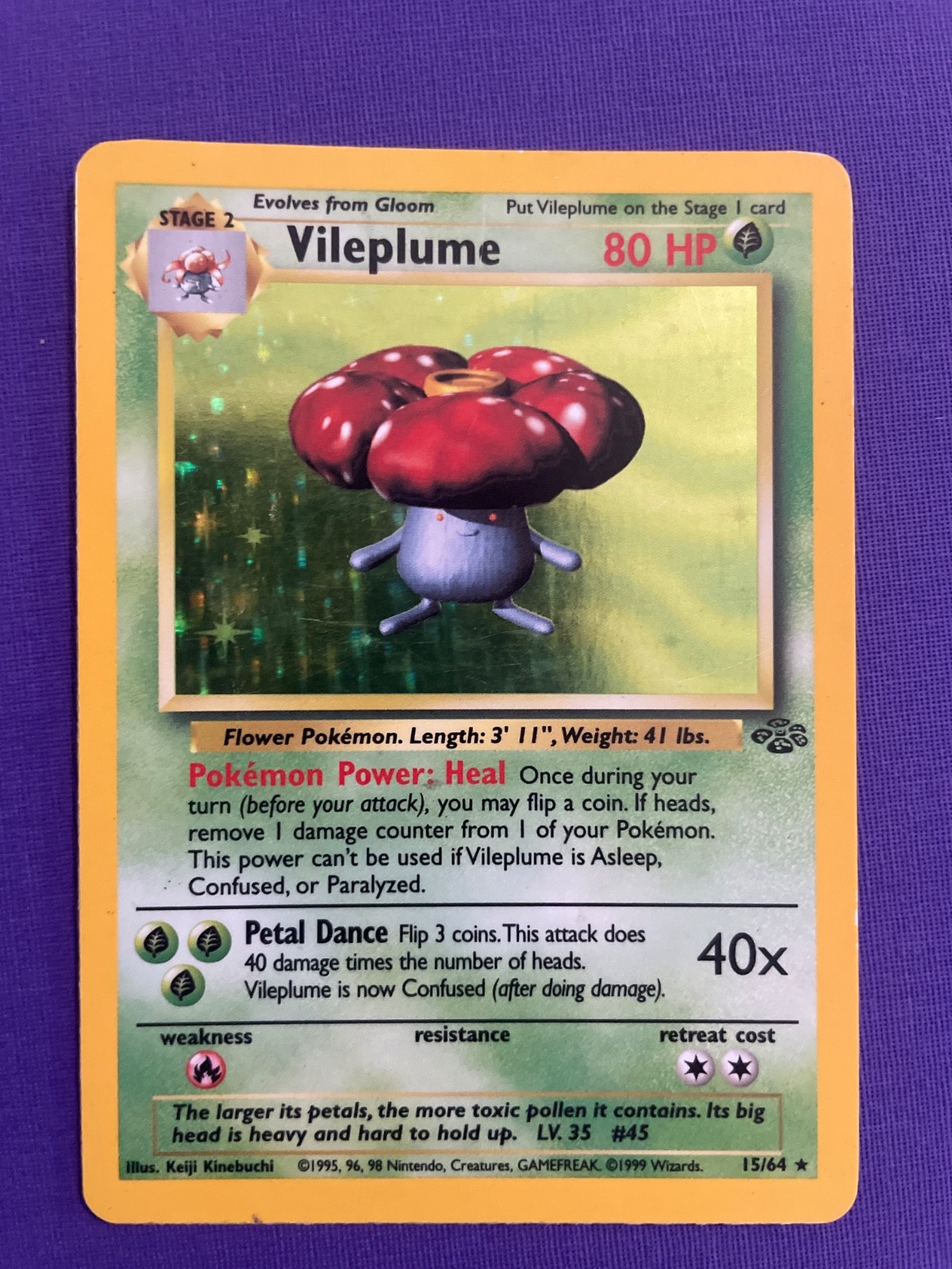 Vintage 1999 Vileplume 15/64 Holo Rare Jungle Pokemon Unlimited Holo LP Vintage 1999 Vileplume 15/64 Holo Rare Jungle Pokemon Unlimited Holo LP