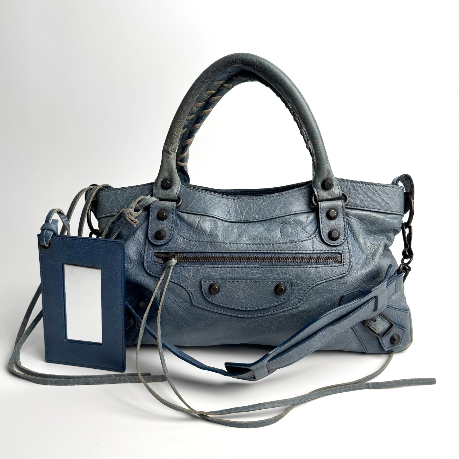 BALENCIAGA The First 2Way Handbag Blue Leather Shoulder Bag Auth Y2K 103208