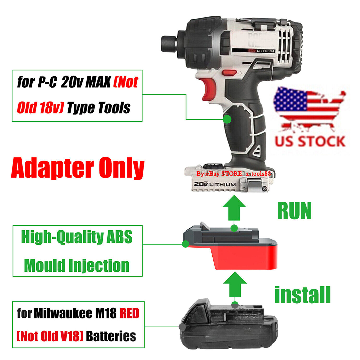 1x Adapter for Milwaukee M18 RED Battery To fits PORTER CABLE 20V (NOT 18v) Tool 1x Adapter for Milwaukee M18 RED Battery To fits PORTER CABLE 20V (NOT 18v) Tool