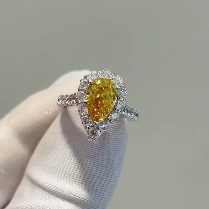 3ct Pear Cut Yellow Halo Lab Grown Diamond Engagement Ring 18K Gold Pave Ring 3ct Pear Cut Yellow Halo Lab Grown Diamond Engagement Ring 18K Gold Pave Ring